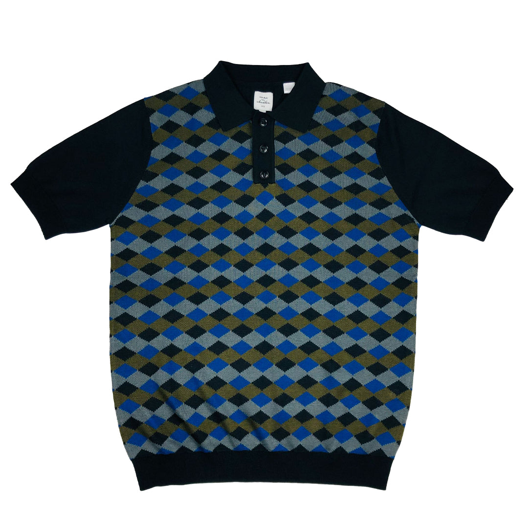 Max N Chester Navy/Deep Moss Small Diamond Knitted Polo Shirt image 0