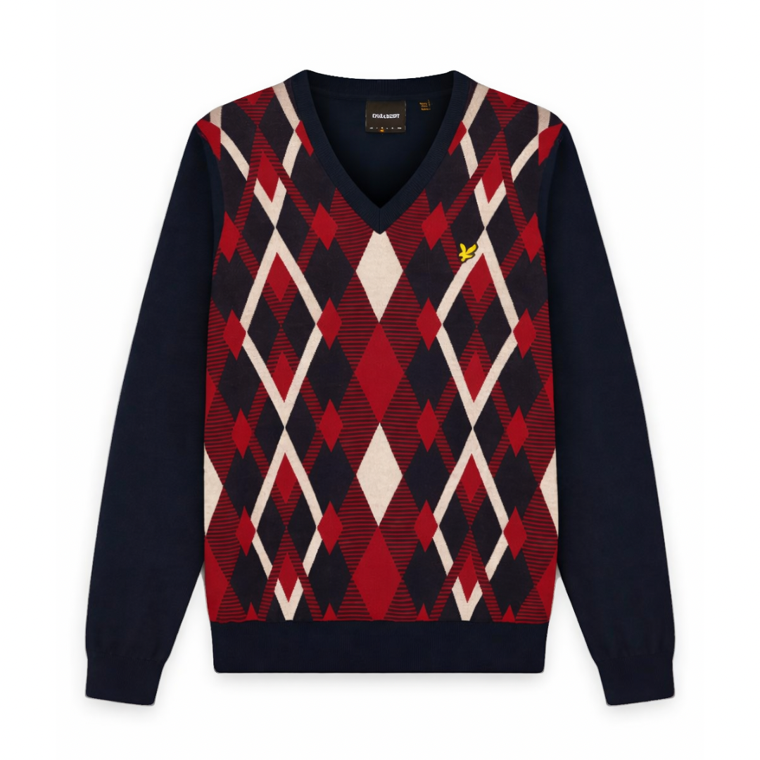 Lyle and Scott Dark Navy/Cherry Red Cotton V Neck Jumper