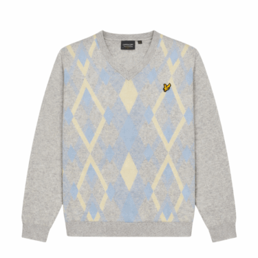 Lyle and Scott Light Grey Marl/Opel Blue Cotton V Neck Jumper