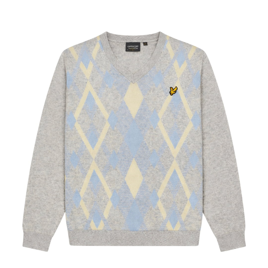 Lyle and Scott Light Grey Marl/Opel Blue Cotton V Neck Jumper