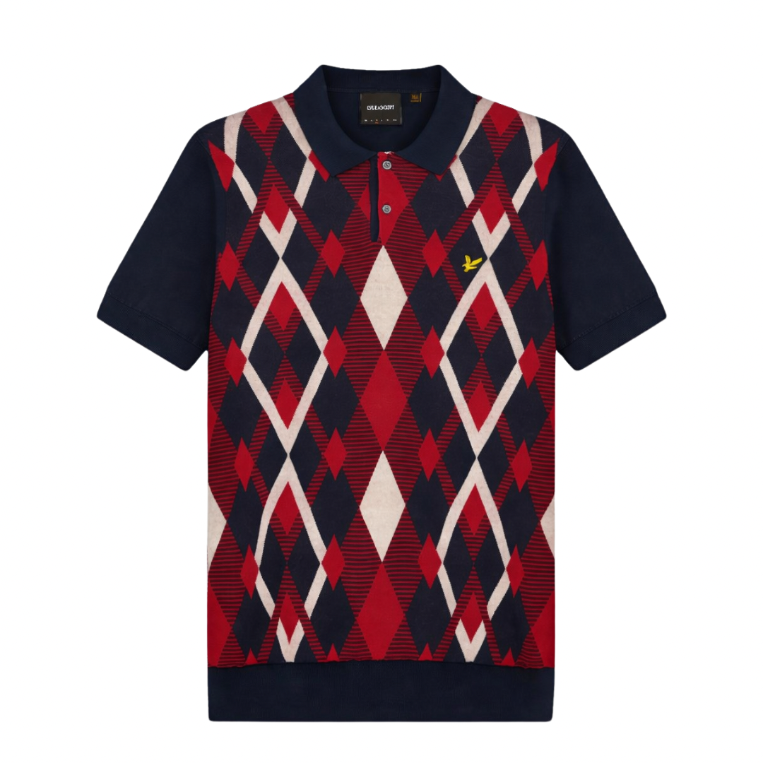 Lyle and Scott Dark Navy/ Cherry Red Argyle Cotton SS Polo